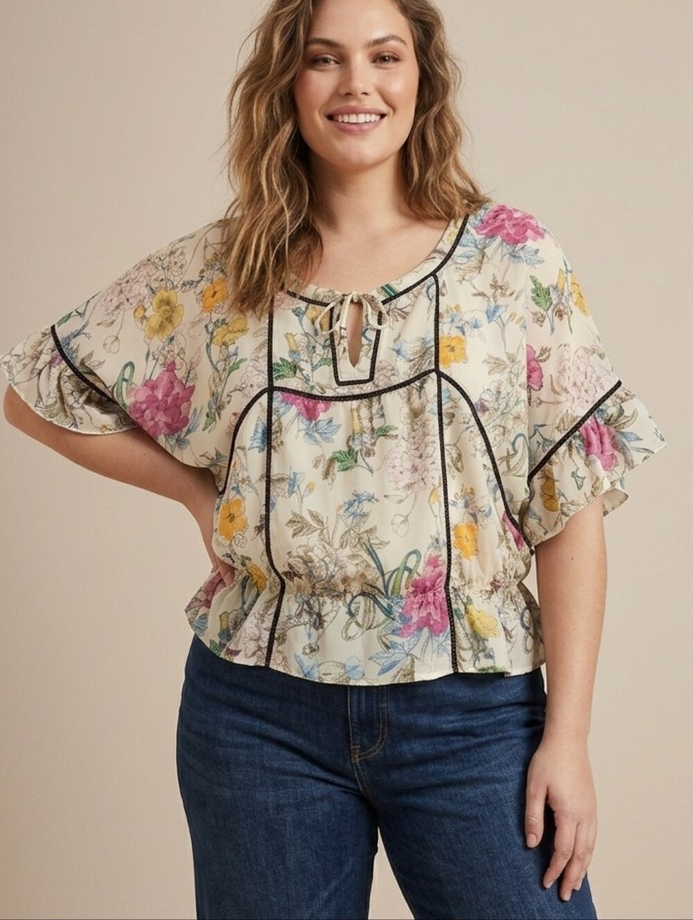​H&M Floral Ruffle Batwing Sleeve Keyhole Tie Blouse Cream Multi 12/Large